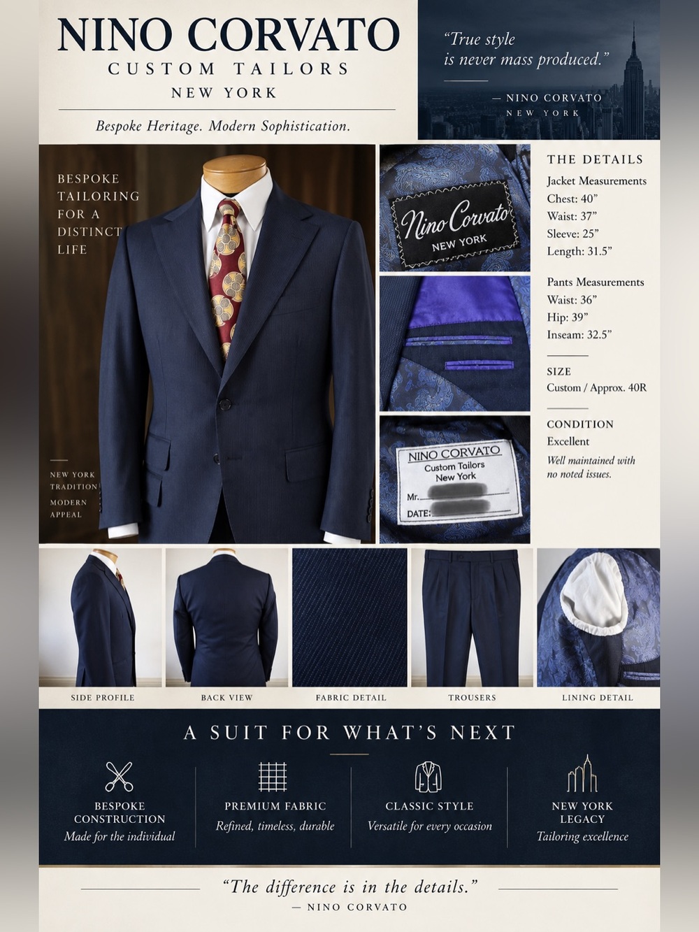 Nino Corvato Custom Bespoke Navy Wool 2-Piece Suit Men’s 40R